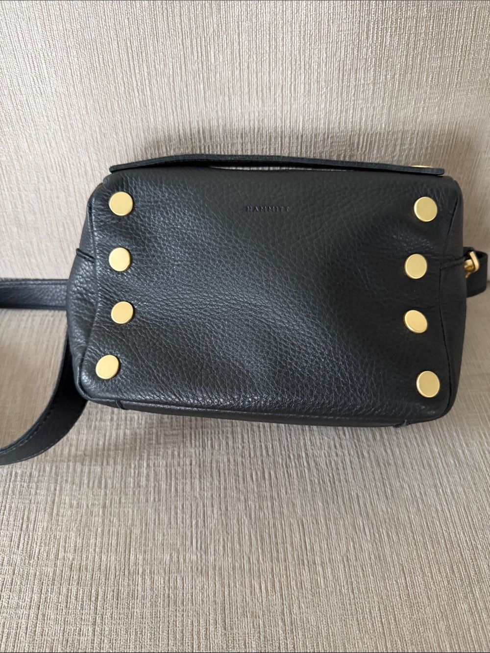 Hammitt Black Pebbled Leather Crossbody with Gold Disc Studs